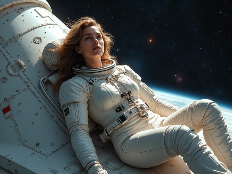 Photorealistic portrait of a confident female astronaut lounging on a spaceship. Wearing an authentic NASA spacesuit with a transparent panel. Hair floats in zero gravity. Strong cosmic light reflects off the suit. Earth and distant planets in the background. High detail and cinematic atmosphere.