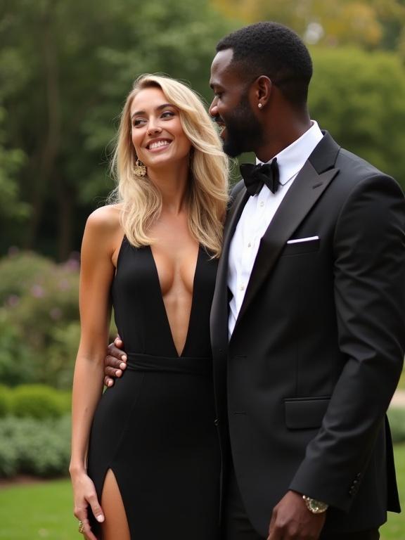 A couple stands closely in a garden. The woman wears a daring black dress and the man wears a tuxedo. They are smiling and enjoying the moment.