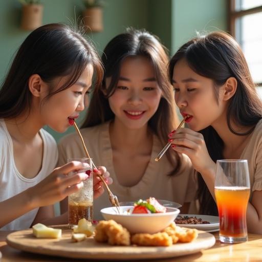 Three girls enjoy eating nasi lemak while sipping on Boba tea. They are sitting around a table with delectable food in front of them. Friends sharing a joyful meal together in a cozy setting.