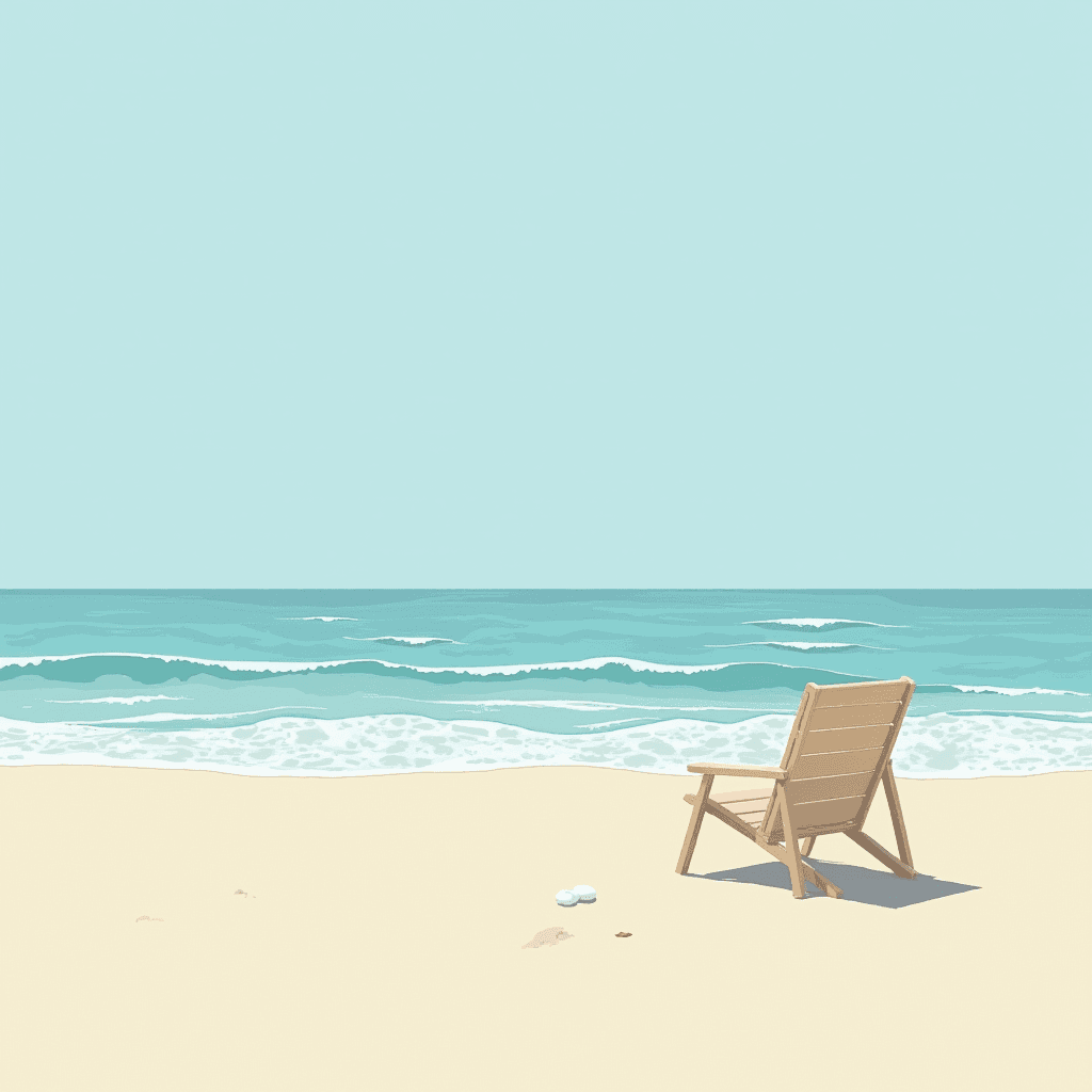 A lone beach chair facing a calm ocean under a clear sky.