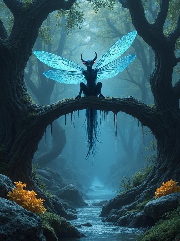 A mystical forest scene featuring a harpy with translucent dragonfly wings. Harpy sits on a black branch bridge among petrified trees. Phosphorescent fungi and silvery lichens are visible on stones. Blue mist swirls around twisted roots.