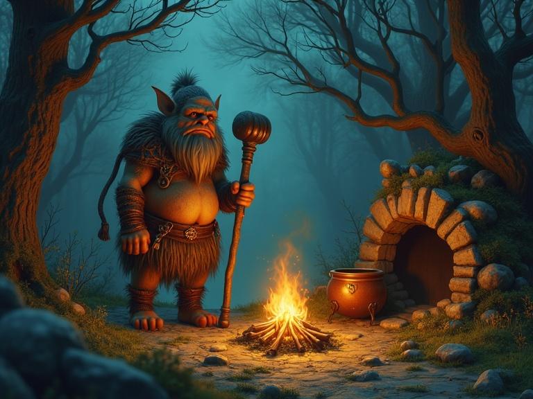 Grumpy troll character with club stands in enchanted forest by his cave. Campfire burns in front where his troll wife cooks soup in cauldron. Whimsical, captivating digital painting style inspired by Simon Stalenhag and Loish.