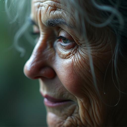 Close-up of an elderly woman's face with tears. A picture of her younger self is reflected in a teardrop. The setting is misty and atmospheric.