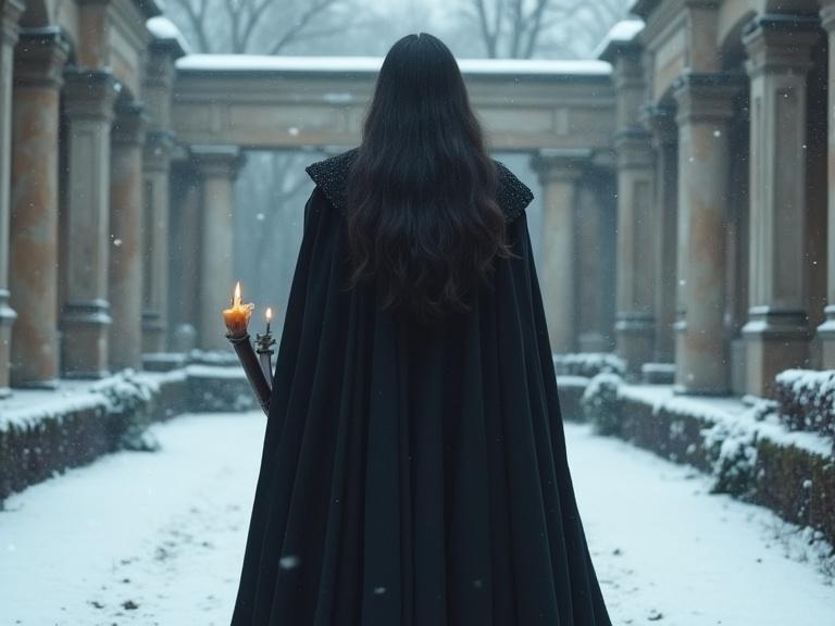A dark-haired figure wears a long black cape and coat. The figure walks through snow-covered ruins of a classical garden. The scene evokes a sense of solitude and mystique.