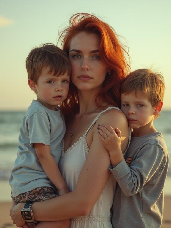 Mother with two sons at the beach during golden hour. Redhead woman holds her boys, looking into the distance. Children appear close to their mother, enjoying the warm light.