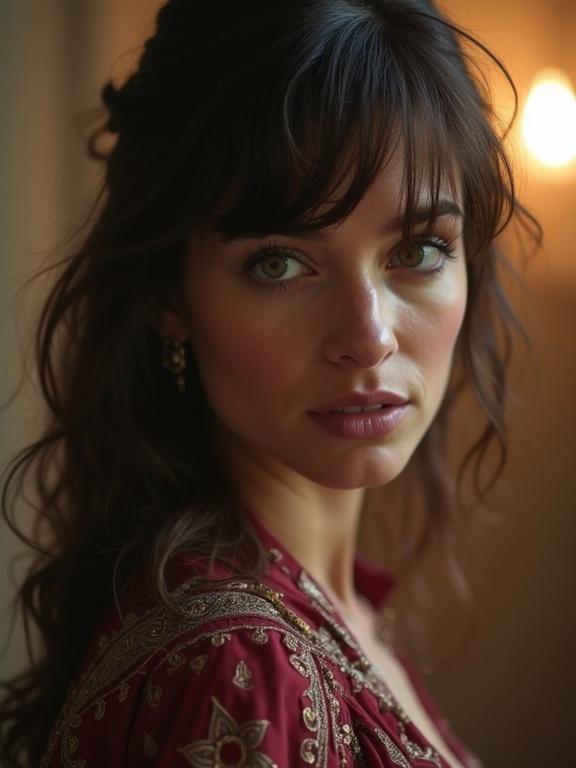 Image of a woman in a detailed red garment resembling a barbarian warrior. The attire features intricate designs and luxurious fabrics. Soft and warm lighting enhances the elegance of the scene. Emphasis on the cultural and historical elements of the outfit.