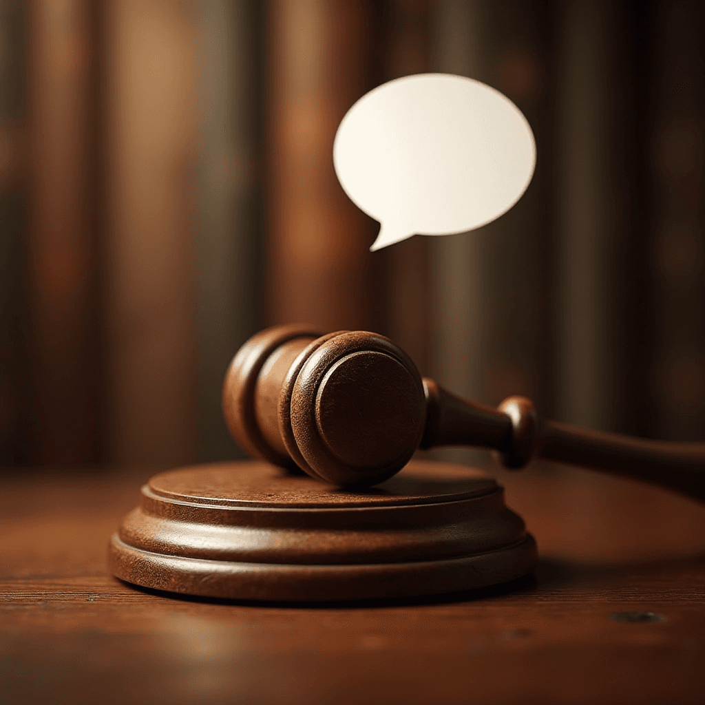 A wooden judge's gavel sits on its base with a speech bubble hovering above it, symbolizing justice and decision-making.