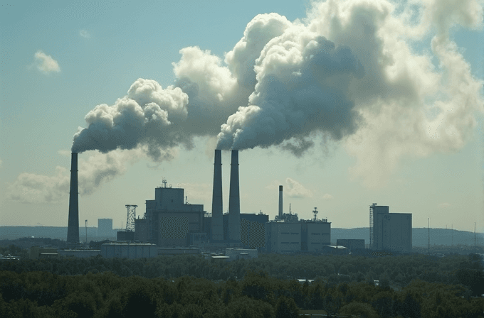 A power plant with four smokestacks emitting large plumes of smoke into the sky, surrounded by a green landscape.