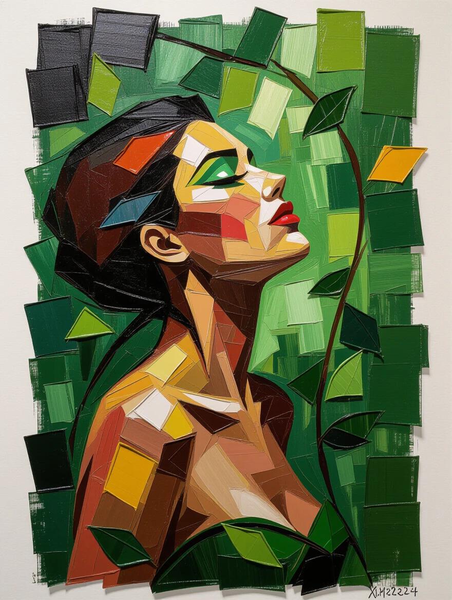 Impasto portrait painting featuring heavy palette knife textures. Thick layered strokes in deep forest tones create an abstract nude forma. Emerging from chaos of leaves and vines. Vivid green eyes and head thrown back in profile. A haunting embodiment of a nude goddess, guardian of the wild.