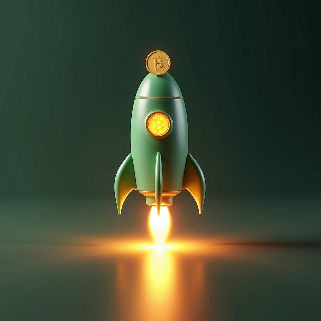 Close up of a green and white rocket. Bitcoin on top. Cryptocurrency in the background. Full body render. Energy released. Brutalist spaceship design. Mascot style. 50s aesthetic. Candle lit effect. Highly capsuled listing image.