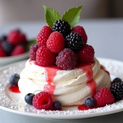 An elegant Pavlova dessert garnished with fresh raspberries and blackberries