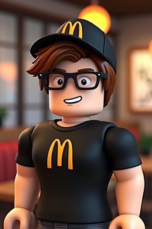 Character is in a cafe. Male character with white skin has brown shaggy hair. He wears a black T-shirt with a McDonald's logo and a cap. He wears black glasses and has an ordinary face. The style is graphic game from Roblox.