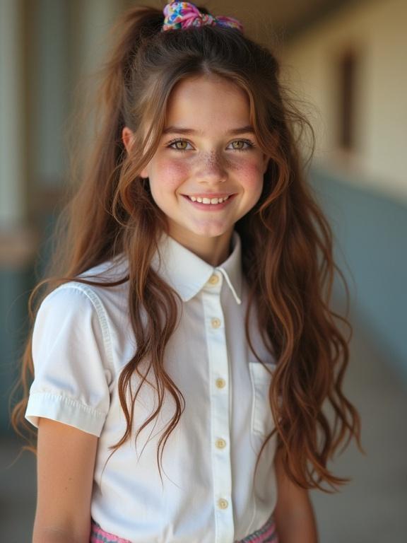 Lily has long wavy chestnut hair in a loose style. A colorful scrunchie is in her hair. She has hazel eyes and freckles on her cheeks. She wears a white blouse and pleated skirt. The photo has a low-resolution appearance with slight pixelation. Bright colors have an oversaturated look. She has attractive features and a beautiful smile.