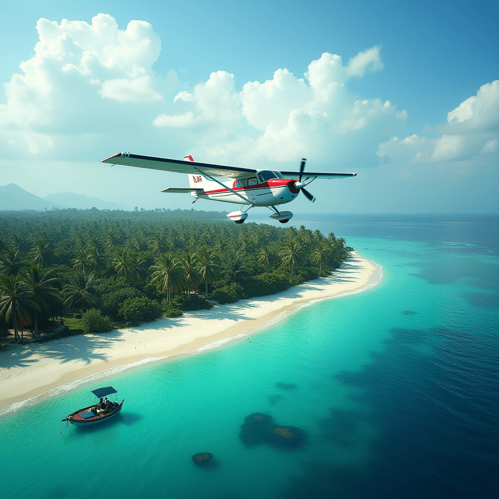 A small red and white plane flies over a tropical island with lush palm trees and turquoise waters.