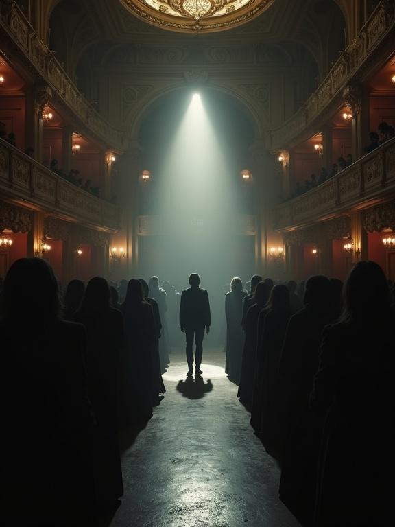 A grand dimly lit Parisian opera house interior. Ornate Art Nouveau details in the architecture. A lone figure in dark clothing stands in the center. Shadowy distorted figures surround the lone figure. Strong chiaroscuro lighting with a single spotlight shining on the central figure.