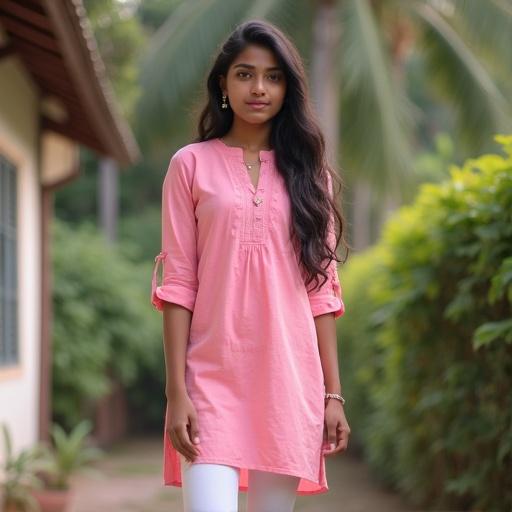 Brown girl wearing a short pink kurta and white leggings, outside a home, standing gracefully.