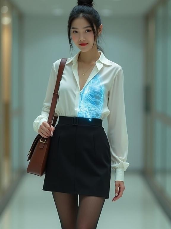 Full-body image of a cyborg female spy. She wears a pearl-white chiffon blouse and a black skirt. X-ray shows mechanical parts. She stands in an agency. Black hair in a bun. Red lips smile. Brown satchel over her shoulder.