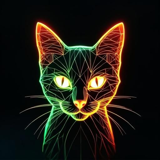 Wireframe style of a cat face created using low poly techniques. Colors are neon green and neon orange on a black background.
