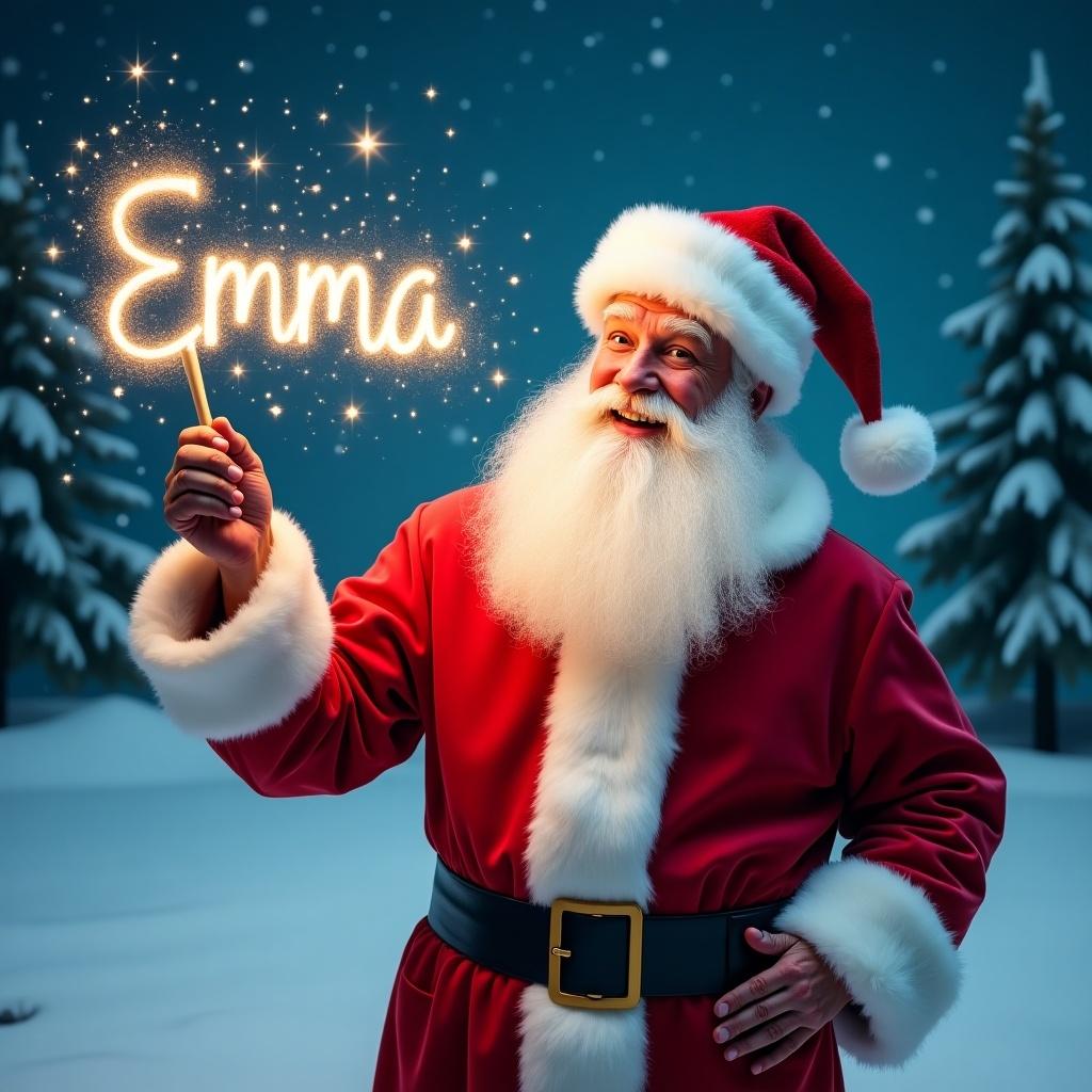 Santa Claus in a snowy landscape holding a magical wand that shines with sparkles. He wears a red suit with white fur trim and a matching hat. Eyes twinkle with joy. Writing names in the sky. Background features evergreen trees and a starry night sky. The scene is festive and magical for the holidays.