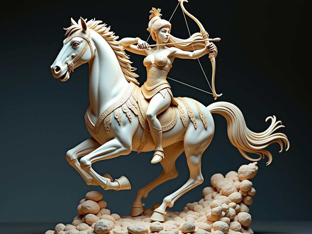 Detailed resin sculpture of a majestic warrior goddess inspired by Sagittarius. Figure depicts lethal and sensual archer about to fire an arrow from atop a galactic horse during a war. Long hair in thick ponytail spills from behind ornate helmet. Figure wears gleaming armor with golden plates and mystical engravings while revealing legs. Horse gallops between floating rocks and cosmic clouds with billowing mane. Starry background reinforces astral energy. Ensemble exudes strength and mythical beauty.