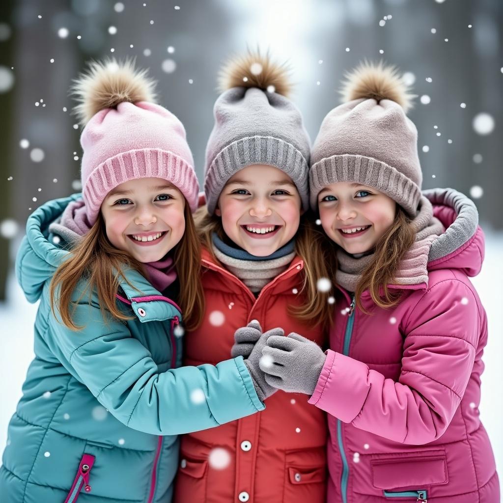 Three little girls with brown and blonde hair smile together in snowy weather. They wear colorful winter coats and hats. Snowflakes fall around them. This image captures joy and friendship.