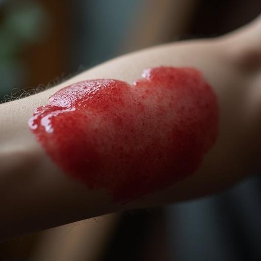 Image depicts blood collection process. Focus on a close-up of an arm with reddish foam. Background is blurred to emphasize the arm.