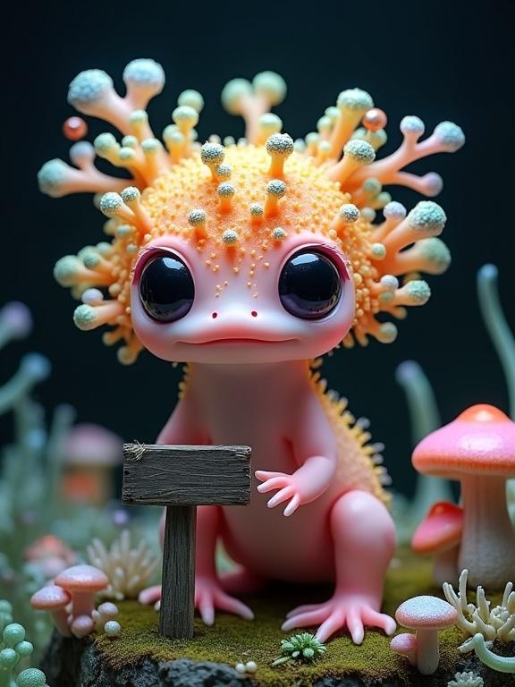 A fantastical creature is a whimsical fusion of an axolotl, coral reef, and alien flora. It has a light pink body with bead-like textures. Its head is orange with yellow and green accents featuring mushroom-like growths and coral structures. It has enormous glossy black eyes with purplish edges. It sits upright on a mossy rock surrounded by glowing orbs and fantasy mushrooms.