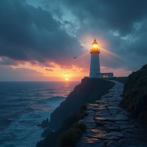 A tall lighthouse stands on rocky cliffs by the sea. It is night and the sky has stormy clouds. Light beams from the lighthouse cut through the dark skies. Vibrant sunset colors illuminate the scene. Seagulls fly in the sky. A path leads to the lighthouse.