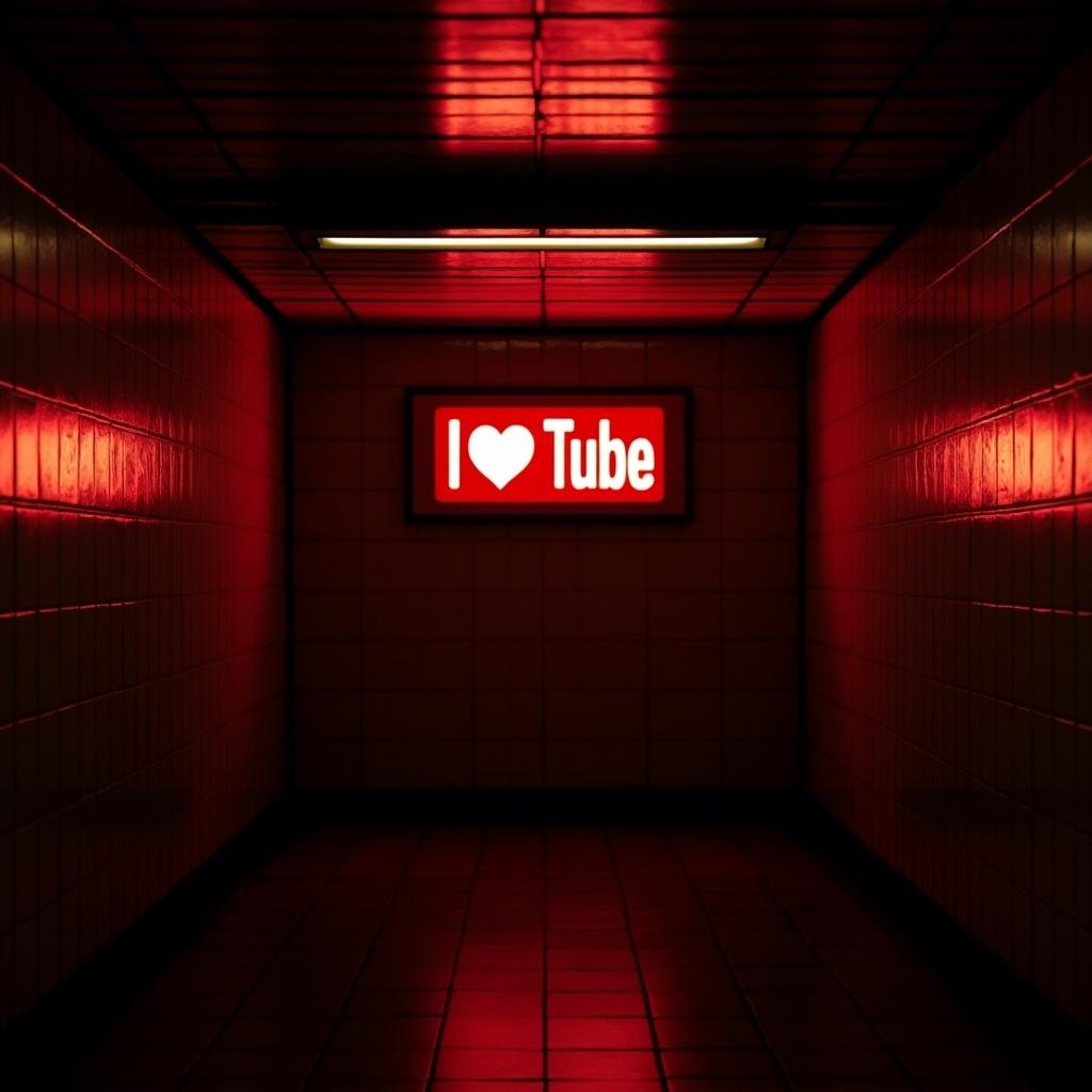 Dimly lit underground subway station. Glowing red sign. Text reads 'I love Tube'.