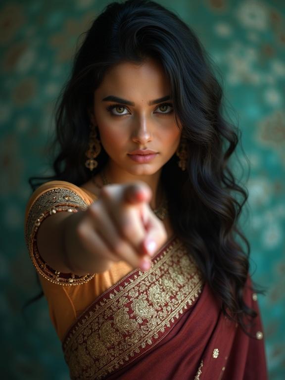 A close-up 4k portrait of a young woman with an intense gaze. She points her finger assertively at the viewer. Wearing a rich, intricately embroidered Indian saree. Her dark hair is in loose curls framing her face. Subtle makeup enhances her features. Dramatic lighting highlights her expression and saree details. Background is a soft-focus blend of teals and greens. Captures elegance and power.