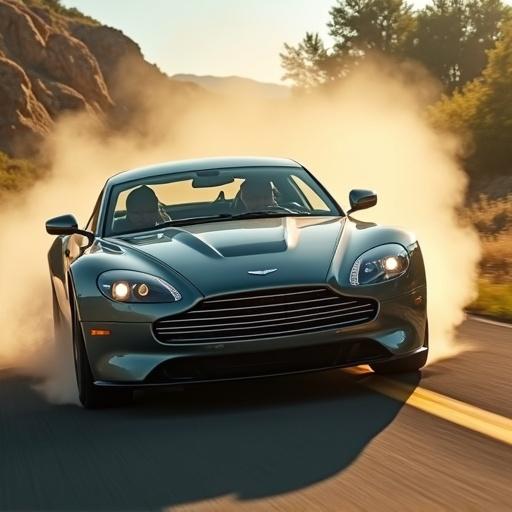 Aston Martin racing on a scenic road surrounded by mountains. A cloud of dust trailing behind.
