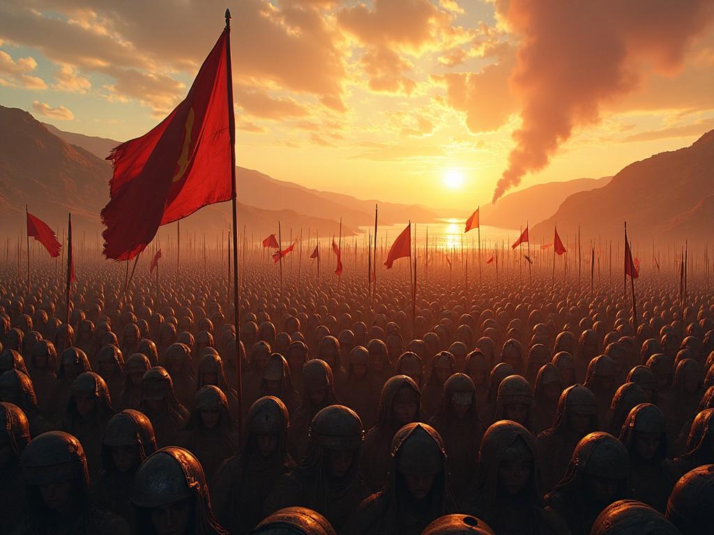 This image shows 3000 warriors standing in formation, their faces serious under their helmets. They are aligned in rows, holding red flags that flutter in the wind. The background features a stunning sunset, highlighting a dramatic landscape with mountains. Smoke billows from a distance, adding an element of mystery and tension. The atmosphere is thick with anticipation, as the multitude of armored figures prepares for battle. The golden light casts shadows and creates a striking contrast against the reds of the flags and the earthy tones of the soldiers.