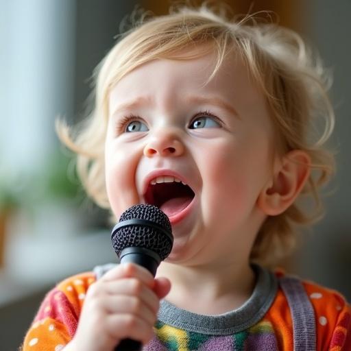 Cute baby singing into a microphone with an expressive joyful face. Bright and colorful clothes are worn. Soft lighting creates a clean background. High detail focused on head and neck.