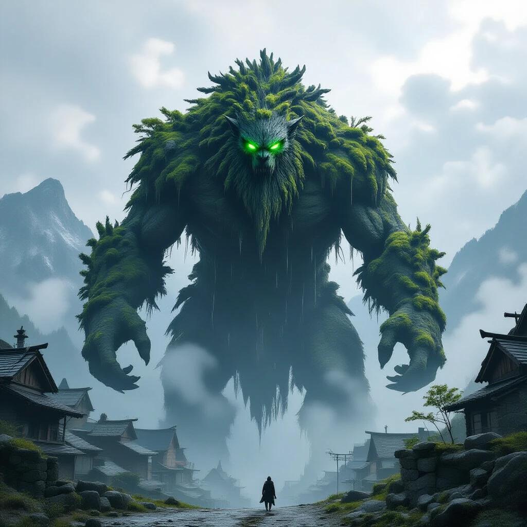 A towering beast covered in moss and bark watches over a mountain village. It glows green in the mist. Lightning reveals its massive form. The beast redirects danger by shifting boulders. Photorealistic art, inspired by fantasy games and films.