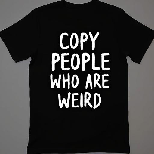 A black t-shirt with bold white text stating 'Copy People Who Are Weird' displayed prominently. The design is meant to be eye-catching and stylish. It can appeal to those who celebrate individuality and humor.