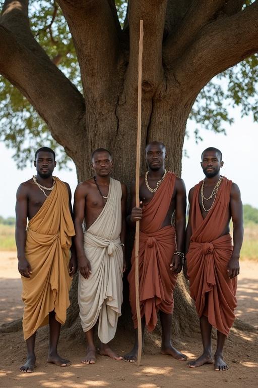 Group of four men in traditional attire. They stand under a large tree. Each man holds a stick. The setting is rural. Natural lighting highlights earthy tones. Expressions are calm yet determined.