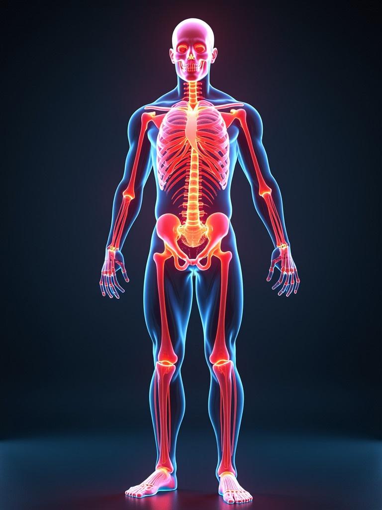 3D model illustrating human immune system. Vivid colors highlight anatomical features. The body is shown upright. Emphasis on skeletal and circulatory systems. Use vibrant hues to differentiate systems. Background is dark for contrast.