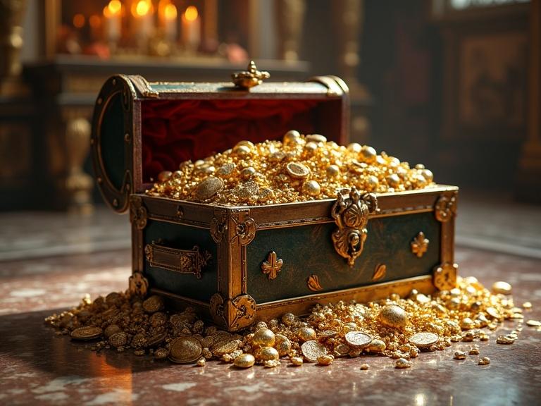 A treasure chest on a marble floor overflowing with gold and gemstones in front of an altar.