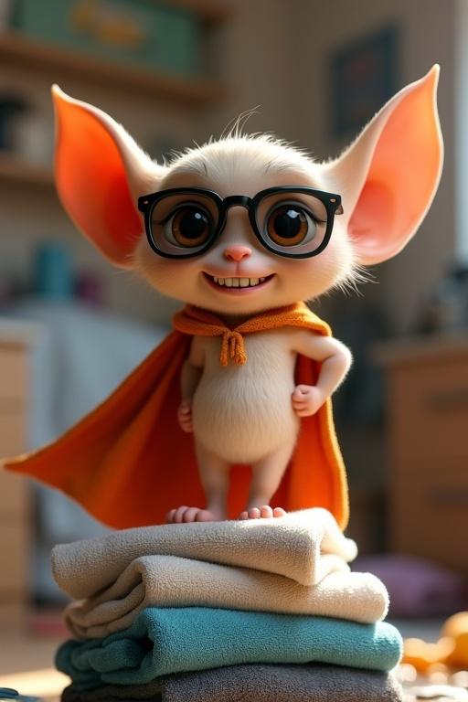 A 3D cartoon humanoid creature with oversized eyes and huge ears in a superhero pose on a laundry pile. Wearing a towel cape and sunglasses in a messy room. Face shows confidence and smugness. Pixar-Burton hybrid style.