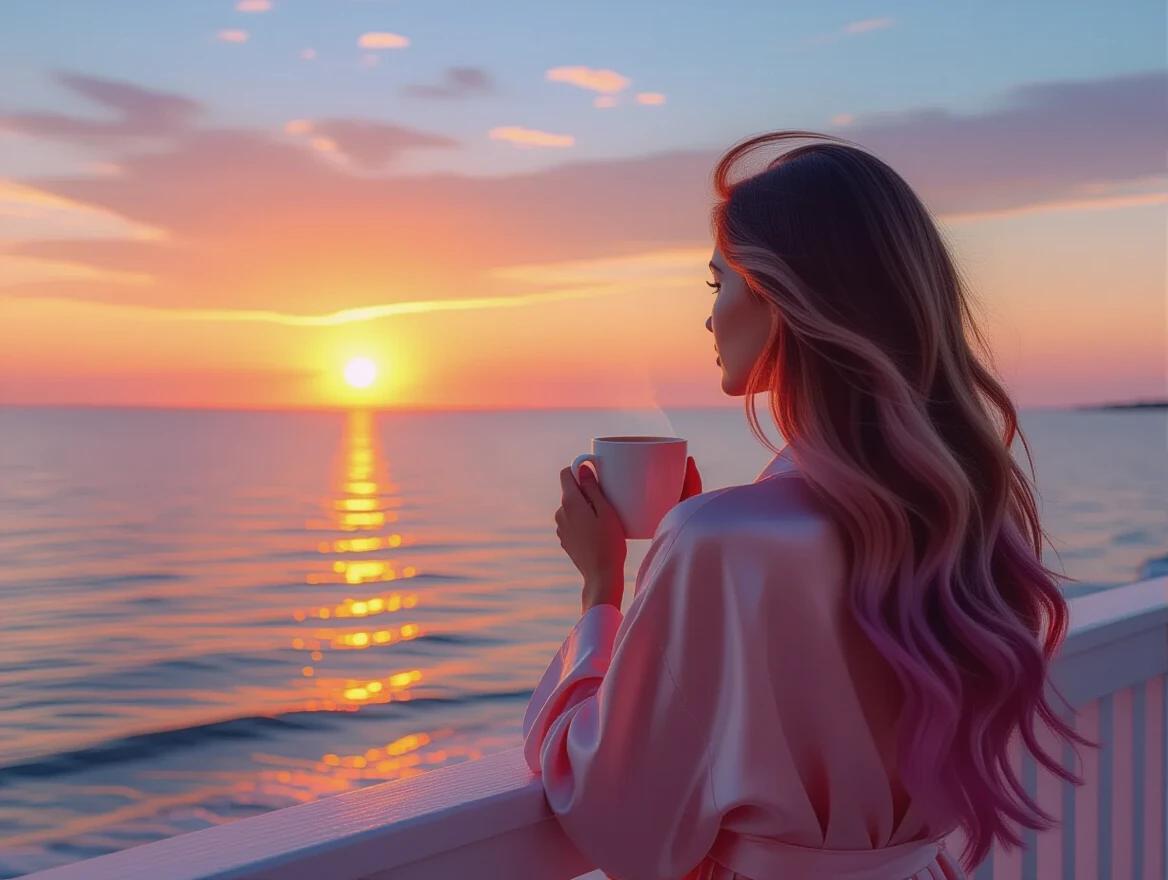 A woman watches the sunrise over the ocean while drinking coffee. She has long luxurious hair with pink and blue ombre. The scene is peaceful and captures the beauty of the moment. The woman wears a silk robe and stands on a balcony overlooking the water.