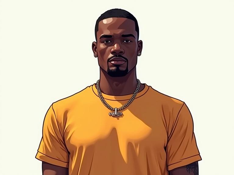 Character stands facing the camera. Character wears a solid color t-shirt. Bright light creates uniform illumination with no shadows. Styled like a digital illustration in the Grand Theft Auto art style. Background is plain with no additional elements.