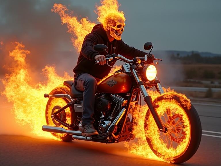 A man with a flaming skull rides a Harley Davidson motorcycle. The motorcycle has flaming tires. The man wears a hoodie sweatshirt. Flames surround the scene creating a dramatic effect.