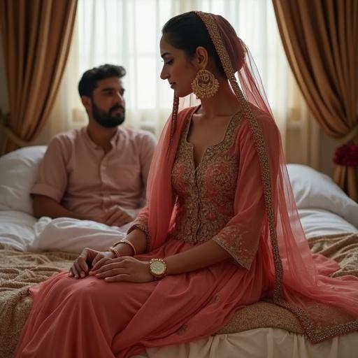 A childless Pakistani woman sitting on a bed in her luxury bedroom. She wears traditional attire and a dupatta. Her husband is lying on the bed.