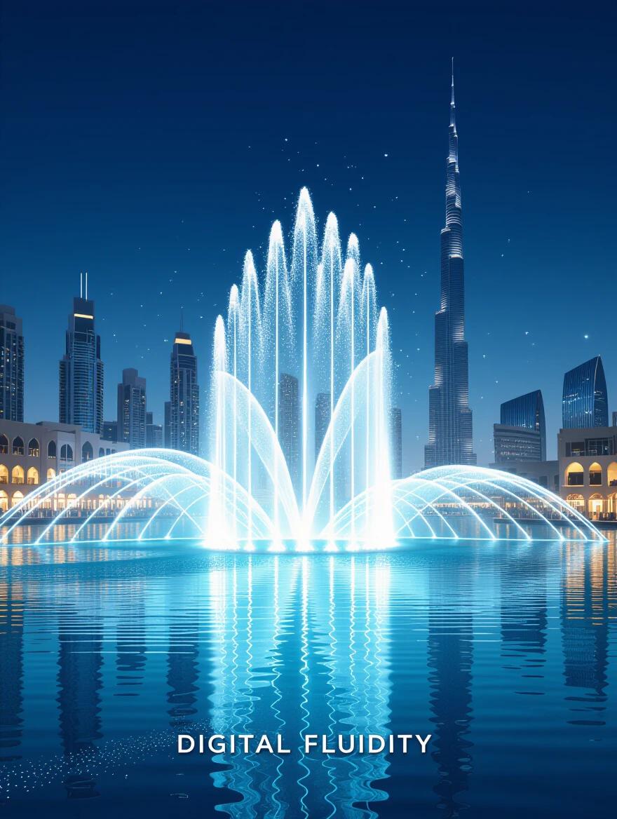 Dynamic abstract poster inspired by water flow of Dubai Fountain. Utilizes 'Digital Fluidity' techniques with shimmering light effects. Contains colors like aquamarine blues gleaming silver and pristine white.