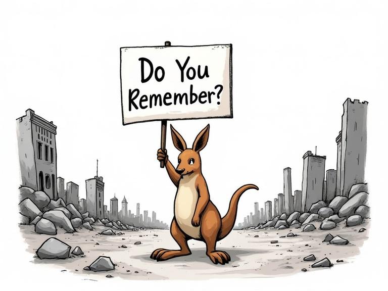 Kangaroo stands upright in ruins of a destroyed city. It holds a protest sign reading Do You Remember? Kangaroo looks thoughtful. Background shows destroyed buildings and a bleak scenery. Comic sketch illustration style on white background.