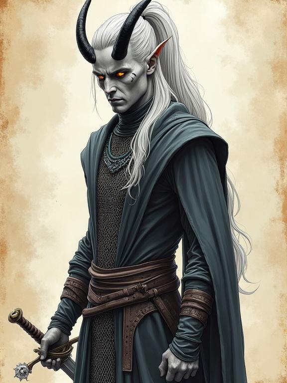 Pen sketch depicts a tall imposing male tiefling with ash-gray skin. Features glowing amber eyes and long silver hair in a high ponytail. Horns are sleek black and curved. Sharp cheekbones have thin scars. Wears chainmail shirt and platte pants. Holds long sword. Portray intense expression in colored pen style. Shows visible pencil strokes and matte shading. Features soft cel shading with soft lighting and stylized depth of field. Background resembles ancient parchment.