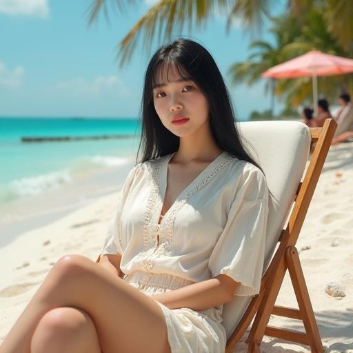 A young Asian woman lounges gracefully on a wooden beach chair on soft white sand. Turquoise waves lap gently at the shore under a bright clear sky. She wears a cream-colored blouse tailored to showcase her figure paired with high-waisted shorts. Relaxed posture radiates calm confidence. Several women in colorful swimsuits add vibrancy to the scene. Palm trees sway in the background creating a serene atmosphere.