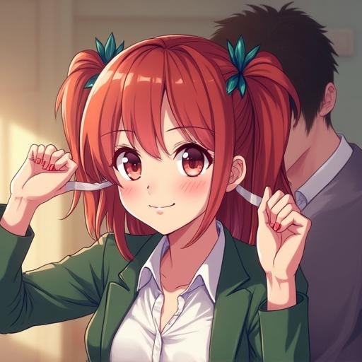 Woman girl pulling a man's ears. Anime style illustrations. Colorful settings indoors. Smirking expression highlights playful interaction.