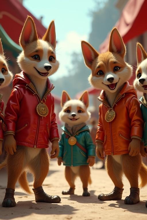 A lively ultra-HD 4K 3D cinematic close-up shows a group of wealthy anthropomorphic dog puppies. They stand on two legs in a bustling village market, laughing arrogantly. They wear shiny silk jackets and polished shoes with gold accessories. Their fur is perfectly groomed. In the background is Tuku, a small white puppy in tattered clothes, observing them with resolve. The scene has a bright atmosphere with vivid colors and realistic textures. A shallow depth of field enhances the cinematic feel.