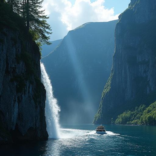 Steep fjord wall in Norway illuminated by midnight sun. Waterfalls cascade into deep blue sea. Spray creates rainbows on mossy cliffs. Birch trees cling to vertical slopes. A fishing boat motors past, leaving a shimmering wake.